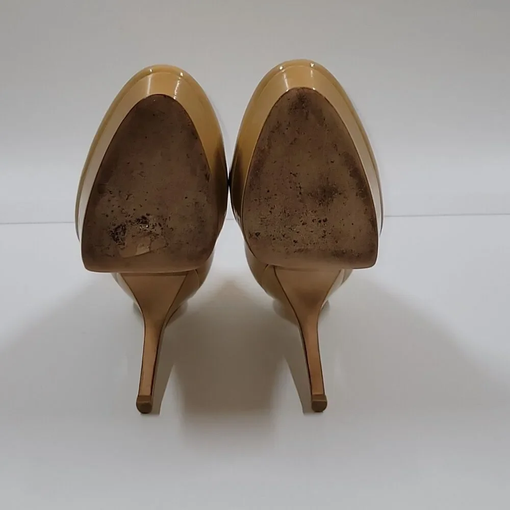 Jimmy Choo Victoria Tan Patent Leather Almond Toe Platform Pumps Women 38/US 8